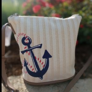 Vera Bradley Regatta Anchor Navy Straw Bucket Crossbody Bag